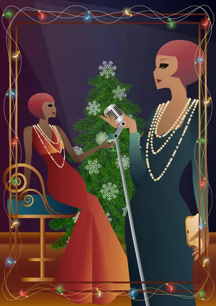 Yılbaşı ağacında antika elbiseli ve mikrofonlu güzel bir genç kadın. Şarkıcının yeni yıl tatilindeki performansı. Tatil kavramı, kış tatili, yeni yıl, Noel