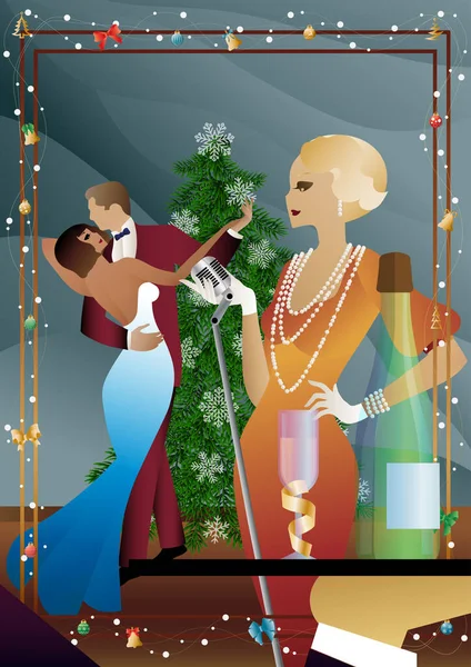 Yılbaşı ağacında antika elbiseli ve mikrofonlu güzel bir genç kadın. Şarkıcının yeni yıl tatilindeki performansı. Tatil kavramı, kış tatili, yeni yıl, Noel