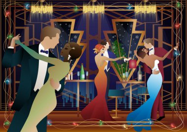 Yılbaşı, Noel partisi. Şampanya dolu bir masanın yanında, pencerenin önünde kar yağışı olan bir çift dans. Tatil kavramı, kış tatili, yeni yıl, Noel