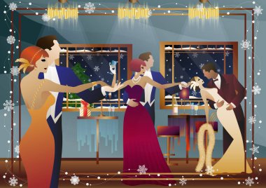 Yılbaşı, Noel partisi. Şampanya dolu bir masanın yanında, pencerenin önünde kar yağışı olan bir çift dans. Tatil kavramı, kış tatili, yeni yıl, Noel