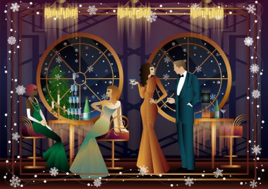 Noel arifesinde arkadaşlarıyla lüks bir restoranda ya da evde yediği şenlikli bir akşam yemeğinde iyi giyimli bir insan. Tatil kavramı, kış tatili, yeni yıl, Noel