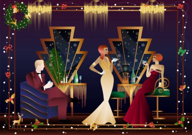 Noel arifesinde arkadaşlarıyla lüks bir restoranda ya da evde yediği şenlikli bir akşam yemeğinde iyi giyimli bir insan. Tatil kavramı, kış tatili, yeni yıl, Noel