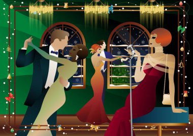 Penceresinde retro mikrofon olan klasik elbiseli bir kadın. Şarkıcının yeni yıl tatilindeki performansı. İnsanlar dans ediyor. Tatil kavramı, kış tatili, yeni yıl, Noel