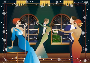 Penceresinde retro mikrofon olan klasik elbiseli bir kadın. Şarkıcının yeni yıl tatilindeki performansı. İnsanlar dans ediyor. Tatil kavramı, kış tatili, yeni yıl, Noel