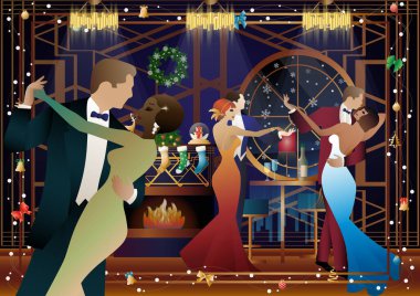 Takım elbiseli bir çift şöminenin önünde dans ediyor. Yeni yıl ve Noel süslemeleri, hediyeler, atmosfer. Tatil kavramı, kış tatili, yeni yıl, Noel