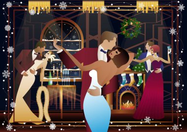 Takım elbiseli bir çift şöminenin önünde dans ediyor. Yeni yıl ve Noel süslemeleri, hediyeler, atmosfer. Tatil kavramı, kış tatili, yeni yıl, Noel