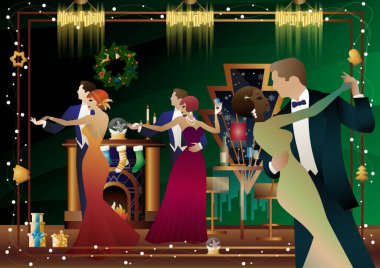 Takım elbiseli bir çift şöminenin önünde dans ediyor. Yeni yıl ve Noel süslemeleri, hediyeler, atmosfer. Tatil kavramı, kış tatili, yeni yıl, Noel