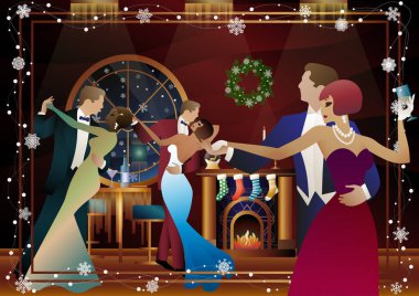 Takım elbiseli bir çift şöminenin önünde dans ediyor. Yeni yıl ve Noel süslemeleri, hediyeler, atmosfer. Tatil kavramı, kış tatili, yeni yıl, Noel