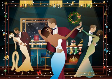 Takım elbiseli bir çift şöminenin önünde dans ediyor. Yeni yıl ve Noel süslemeleri, hediyeler, atmosfer. Tatil kavramı, kış tatili, yeni yıl, Noel