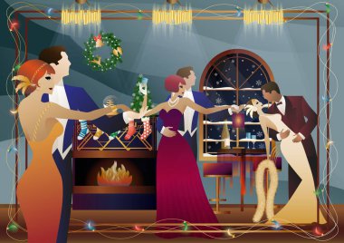 Takım elbiseli bir çift şöminenin önünde dans ediyor. Yeni yıl ve Noel süslemeleri, hediyeler, atmosfer. Tatil kavramı, kış tatili, yeni yıl, Noel