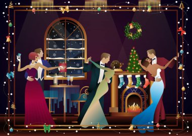 Takım elbiseli bir çift şöminenin önünde dans ediyor. Yeni yıl ve Noel süslemeleri, hediyeler, atmosfer. Tatil kavramı, kış tatili, yeni yıl, Noel