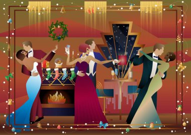 Takım elbiseli bir çift şöminenin önünde dans ediyor. Yeni yıl ve Noel süslemeleri, hediyeler, atmosfer. Tatil kavramı, kış tatili, yeni yıl, Noel