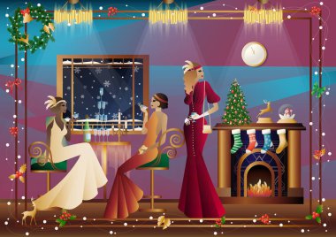 Yılbaşı gecesi arkadaşlarıyla süslü bir şöminenin yanında iyi giyimli insanlar lüks bir restoranda ya da evde. Tatil kavramı, kış tatili, yeni yıl, Noel