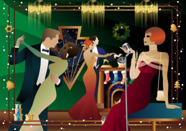 Şöminenin önünde mikrofonu olan eski moda elbiseli bir kadın. Şarkıcının yeni yıl tatilindeki performansı. Tatil kavramı, kış tatili, yeni yıl, Noel