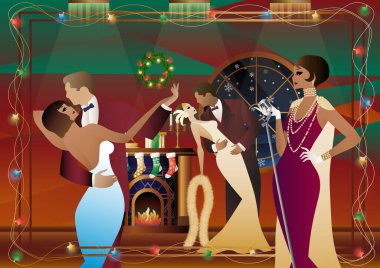 Şöminenin önünde mikrofonu olan eski moda elbiseli bir kadın. Şarkıcının yeni yıl tatilindeki performansı. Tatil kavramı, kış tatili, yeni yıl, Noel