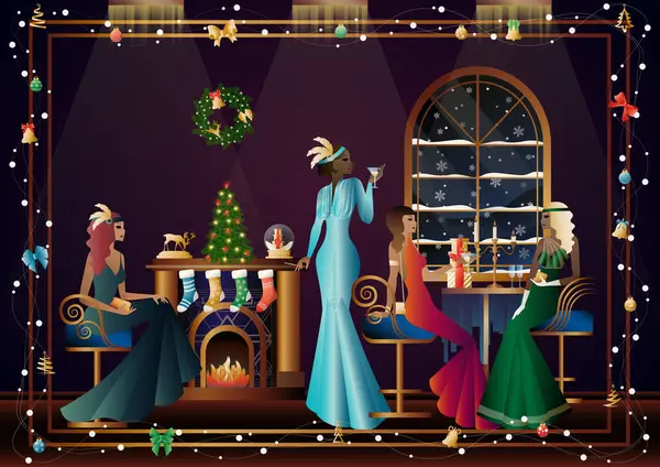 Well Dressed People Decorated Fireplace Friends New Year Eve Luxury — стоковый вектор