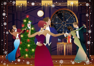 Mutlu çift Noel ağacının yanındaki yeni yıl partisinde eğleniyor. Tatil kavramı, kış tatili, yeni yıl, Noel