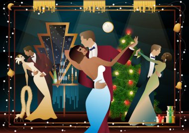 Mutlu çift Noel ağacının yanındaki yeni yıl partisinde eğleniyor. Tatil kavramı, kış tatili, yeni yıl, Noel