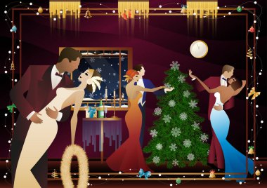 Mutlu çift Noel ağacının yanındaki yeni yıl partisinde eğleniyor. Tatil kavramı, kış tatili, yeni yıl, Noel