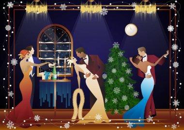 Mutlu çift Noel ağacının yanındaki yeni yıl partisinde eğleniyor. Tatil kavramı, kış tatili, yeni yıl, Noel