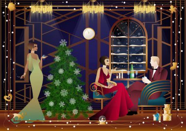 Noel arifesinde arkadaşlarıyla süslü bir Noel ağacının yanında lüks bir restoranda ya da evde iyi giyimli bir insan. Tatil kavramı, kış tatili, yeni yıl, Noel