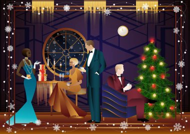 Noel arifesinde arkadaşlarıyla süslü bir Noel ağacının yanında lüks bir restoranda ya da evde iyi giyimli bir insan. Tatil kavramı, kış tatili, yeni yıl, Noel