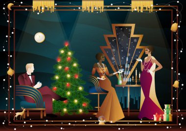 Noel arifesinde arkadaşlarıyla süslü bir Noel ağacının yanında lüks bir restoranda ya da evde iyi giyimli bir insan. Tatil kavramı, kış tatili, yeni yıl, Noel