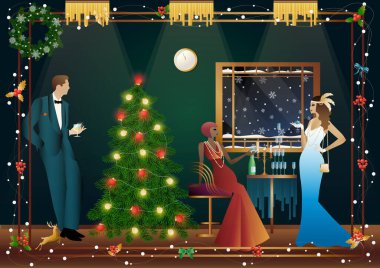 Noel arifesinde arkadaşlarıyla süslü bir Noel ağacının yanında lüks bir restoranda ya da evde iyi giyimli bir insan. Tatil kavramı, kış tatili, yeni yıl, Noel