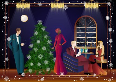 Noel arifesinde arkadaşlarıyla süslü bir Noel ağacının yanında lüks bir restoranda ya da evde iyi giyimli bir insan. Tatil kavramı, kış tatili, yeni yıl, Noel