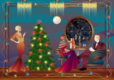 Noel arifesinde arkadaşlarıyla süslü bir Noel ağacının yanında lüks bir restoranda ya da evde iyi giyimli bir insan. Tatil kavramı, kış tatili, yeni yıl, Noel