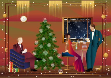 Noel arifesinde arkadaşlarıyla süslü bir Noel ağacının yanında lüks bir restoranda ya da evde iyi giyimli bir insan. Tatil kavramı, kış tatili, yeni yıl, Noel
