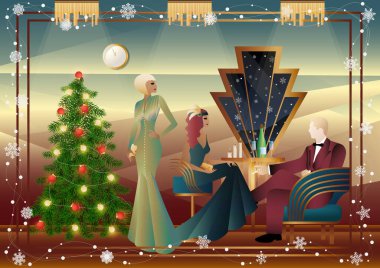 Noel arifesinde arkadaşlarıyla süslü bir Noel ağacının yanında lüks bir restoranda ya da evde iyi giyimli bir insan. Tatil kavramı, kış tatili, yeni yıl, Noel