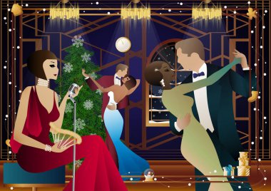 Yılbaşı ağacında antika elbiseli ve mikrofonlu güzel bir genç kadın. Şarkıcının yeni yıl tatilindeki performansı. Tatil kavramı, kış tatili, yeni yıl, Noel