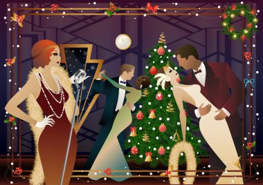 Yılbaşı ağacında antika elbiseli ve mikrofonlu güzel bir genç kadın. Şarkıcının yeni yıl tatilindeki performansı. Tatil kavramı, kış tatili, yeni yıl, Noel