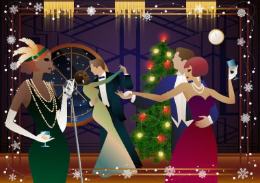 Yılbaşı ağacında antika elbiseli ve mikrofonlu güzel bir genç kadın. Şarkıcının yeni yıl tatilindeki performansı. Tatil kavramı, kış tatili, yeni yıl, Noel