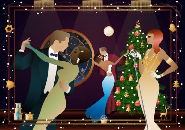 Yılbaşı ağacında antika elbiseli ve mikrofonlu güzel bir genç kadın. Şarkıcının yeni yıl tatilindeki performansı. Tatil kavramı, kış tatili, yeni yıl, Noel