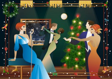 Yılbaşı ağacında antika elbiseli ve mikrofonlu güzel bir genç kadın. Şarkıcının yeni yıl tatilindeki performansı. Tatil kavramı, kış tatili, yeni yıl, Noel