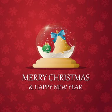 Kar altında Noel çanı olan mutlu noeller kar küresi. Yeni yıl hediyesi. Tatil kavramı, kış tatili, yeni yıl, Noel
