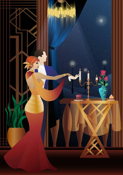 Balkonun arka planında dans eden erkek ve kadın ve fenerler, parti, sanat deco, eski tarz bir çift.