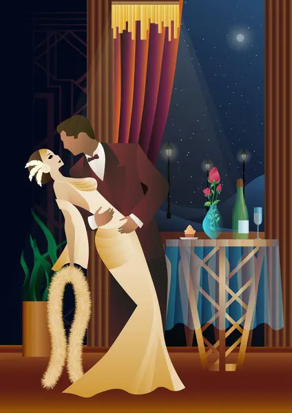 Balkonun arka planında dans eden erkek ve kadın ve fenerler, parti, sanat deco, eski tarz bir çift.