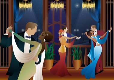 Balkonun arka planında dans eden erkek ve kadın ve fenerler, parti, sanat deco, eski tarz bir çift.