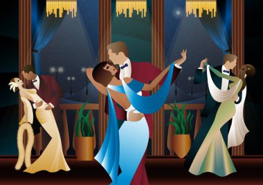 Balkonun arka planında dans eden erkek ve kadın ve fenerler, parti, sanat deco, eski tarz bir çift.