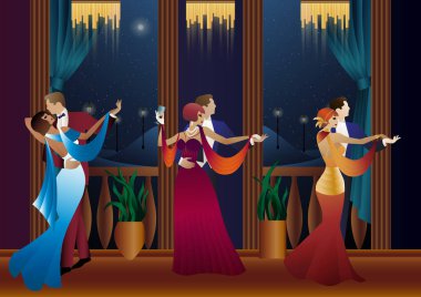 Balkonun arka planında dans eden erkek ve kadın ve fenerler, parti, sanat deco, eski tarz bir çift.