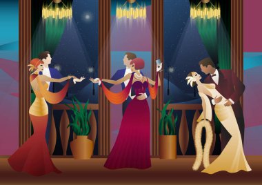 Balkonun arka planında dans eden erkek ve kadın ve fenerler, parti, sanat deco, eski tarz bir çift.