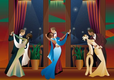 Balkonun arka planında dans eden erkek ve kadın ve fenerler, parti, sanat deco, eski tarz bir çift.