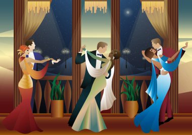 Balkonun arka planında dans eden erkek ve kadın ve fenerler, parti, sanat deco, eski tarz bir çift.