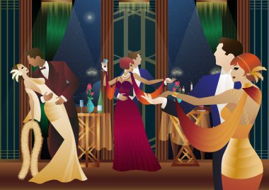 Balkonun arka planında dans eden erkek ve kadın ve fenerler, parti, sanat deco, eski tarz bir çift.