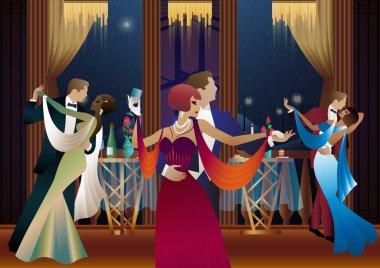 Balkonun arka planında dans eden erkek ve kadın ve fenerler, parti, sanat deco, eski tarz bir çift.