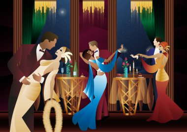 Balkonun arka planında dans eden erkek ve kadın ve fenerler, parti, sanat deco, eski tarz bir çift.