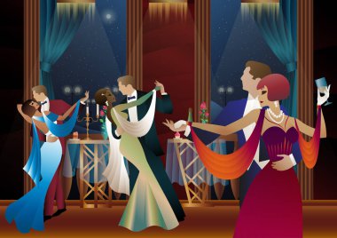 Balkonun arka planında dans eden erkek ve kadın ve fenerler, parti, sanat deco, eski tarz bir çift.